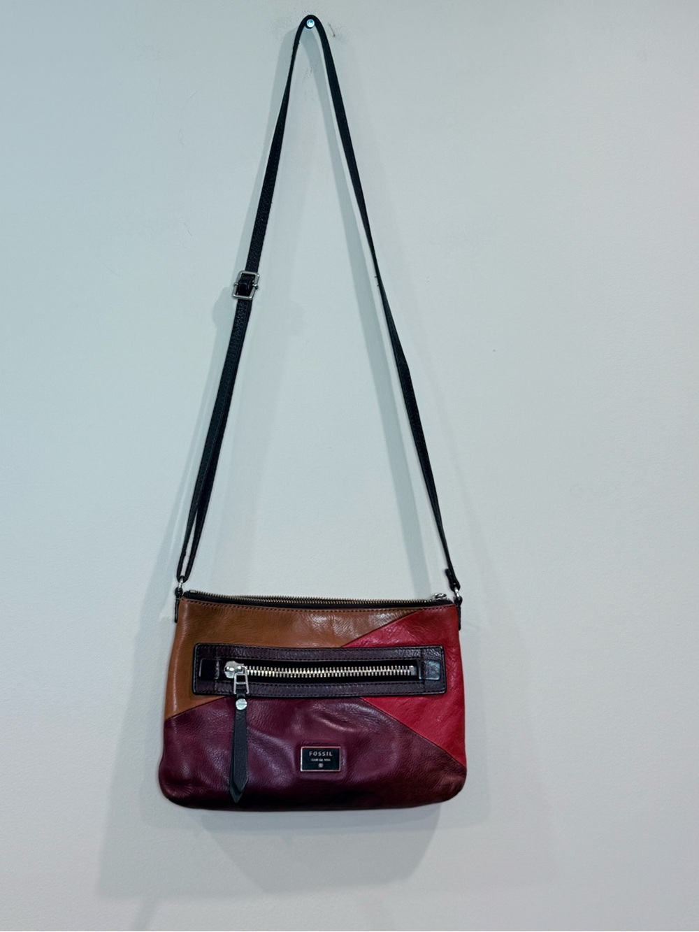 🔥Fossil Colorblock Leather Crossbody in Brown, Red & Wine EUC🔥